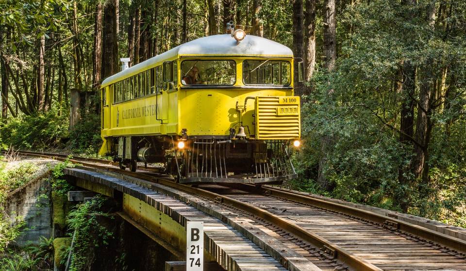 This 7-mile train journey in Northern California leads to a hidden bar in the redwoods — featuring cocktails, fire pits, and a historic railway