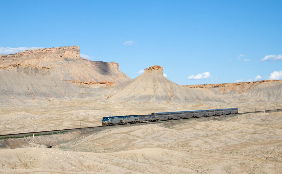 CA Zephyr in front of the Book Cliffs, between Green River and Floy, Utah, USA.