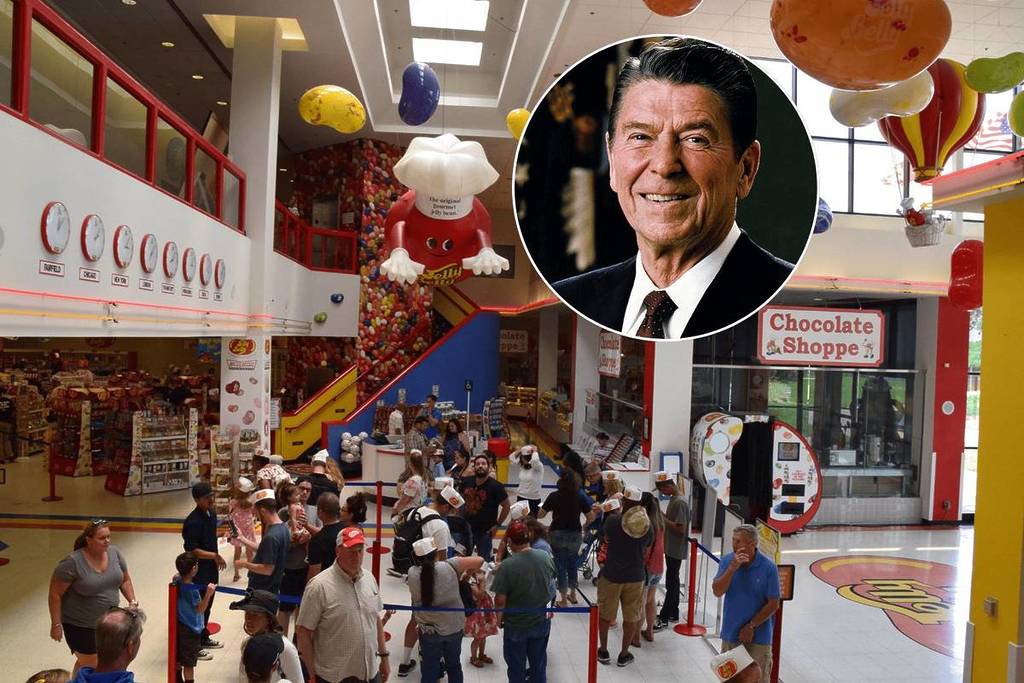 Ronald Reagan portrait over a background photo of the entrance to the Jelly Belly factory