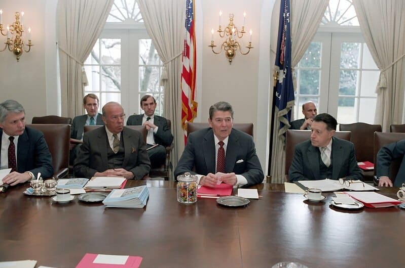 Ronald Reagan leads a cabinet meeting.