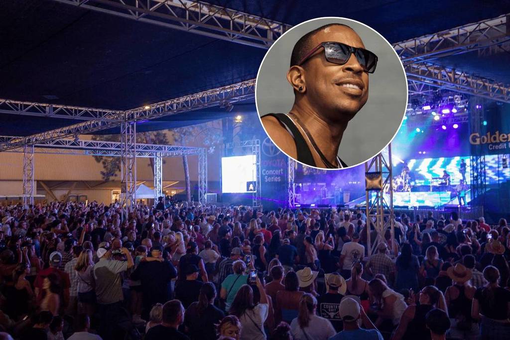 Imagen de Ludacris sobre una foto de la multitud en la Feria Estatal de California.