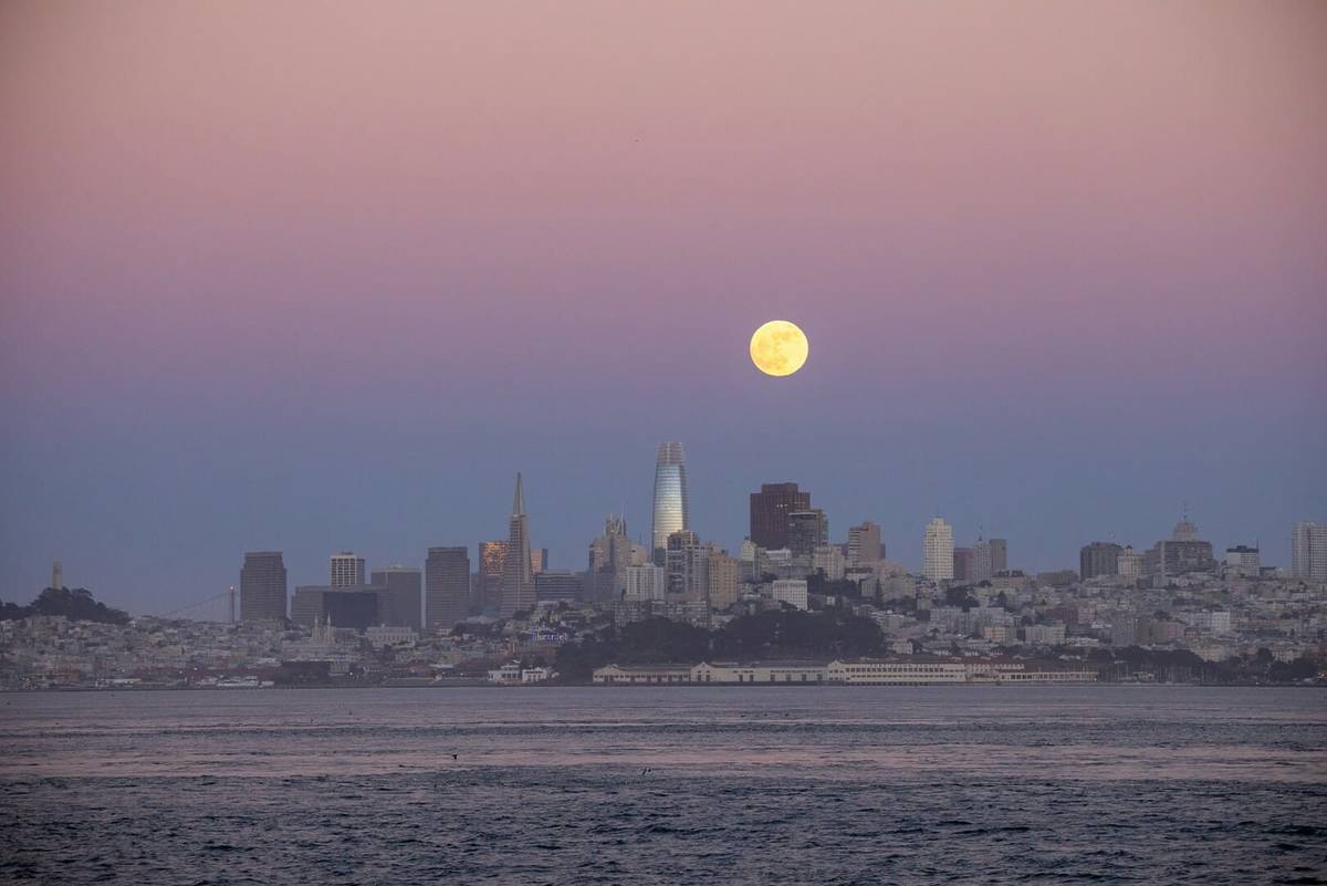 Full moon over SF skyline at sunset.