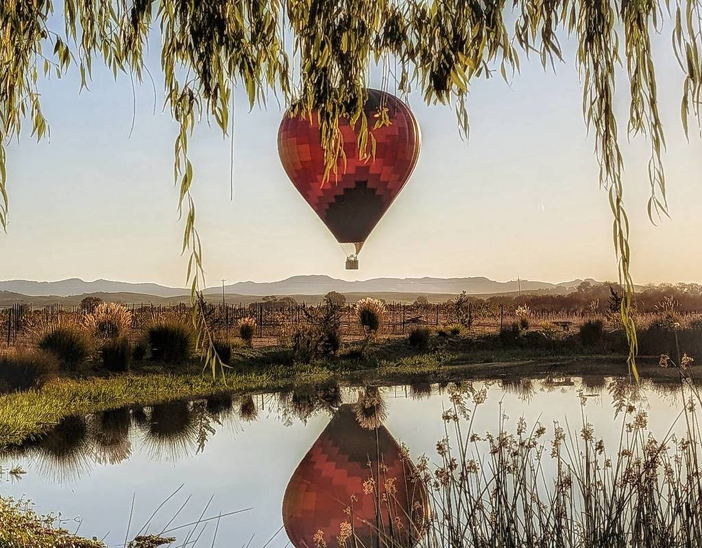 un globo aerostático flotando sobre un pequeño lago de sonoma