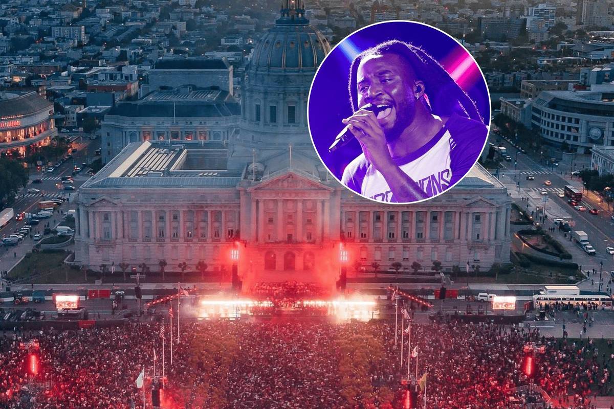 SF City Hall free concert with an overlay photo of Shaboozey
