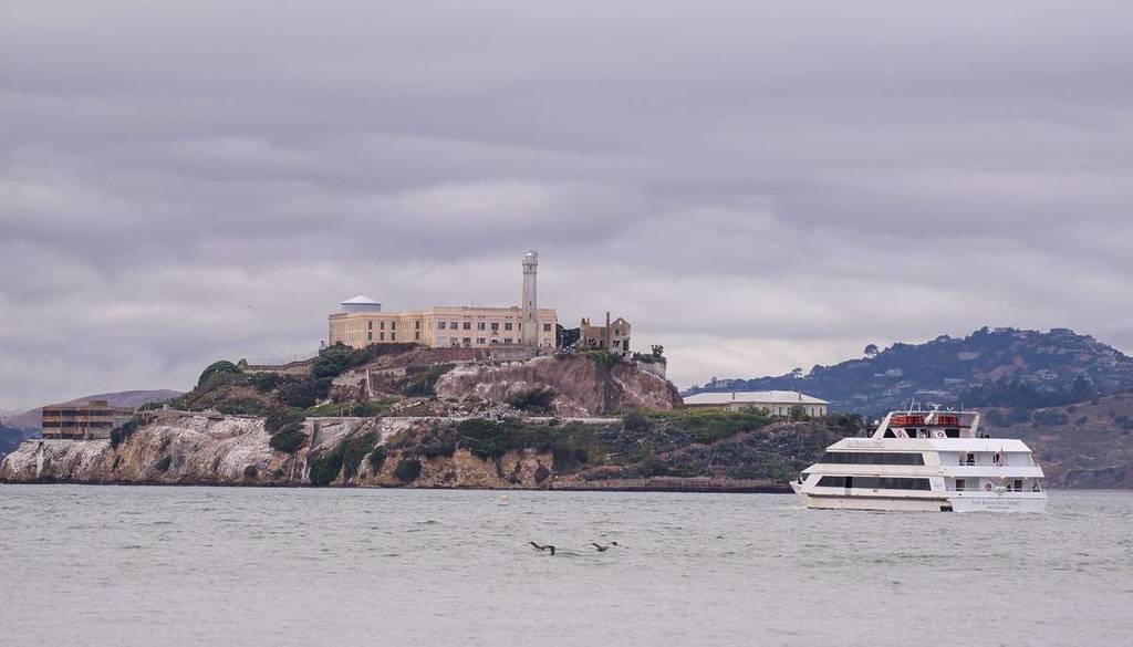 Alcatraz Ferry arrives at Alcatraz Island.