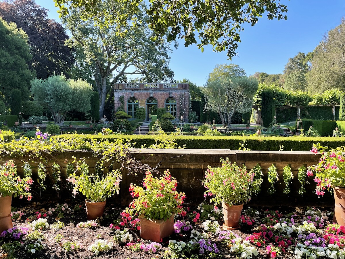 a garden with a building in the back