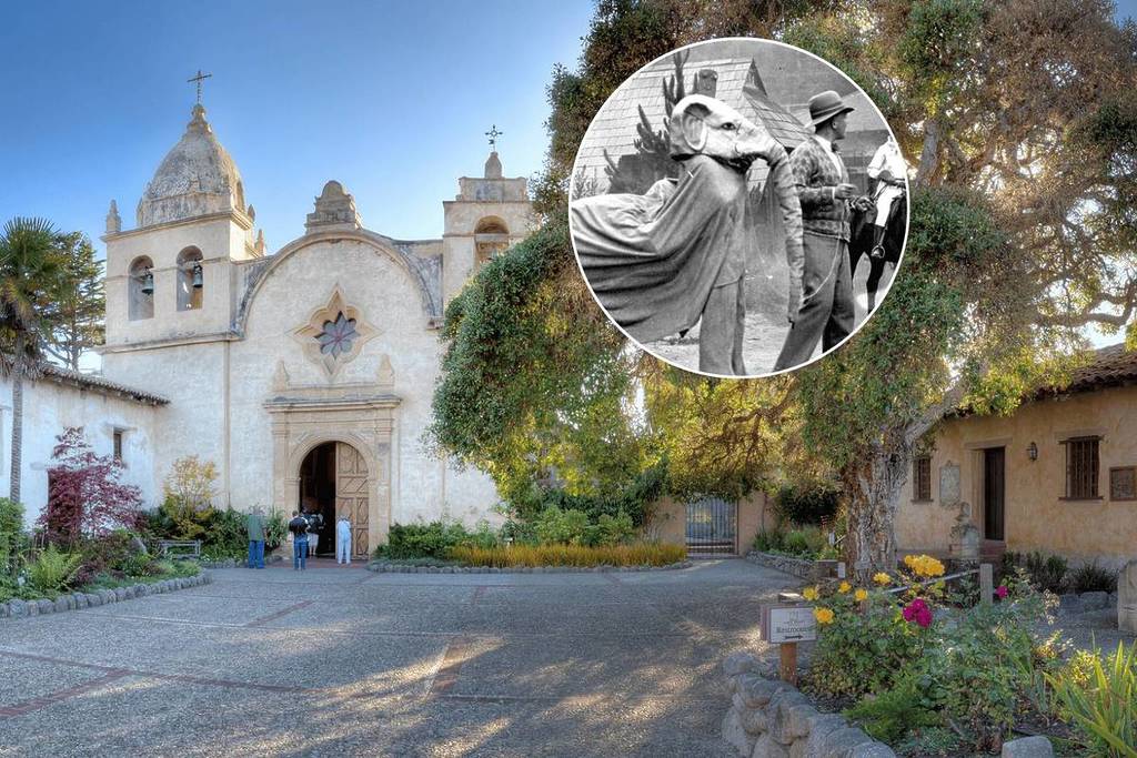 Carmel Mission y foto histórica del desfile de Halloween