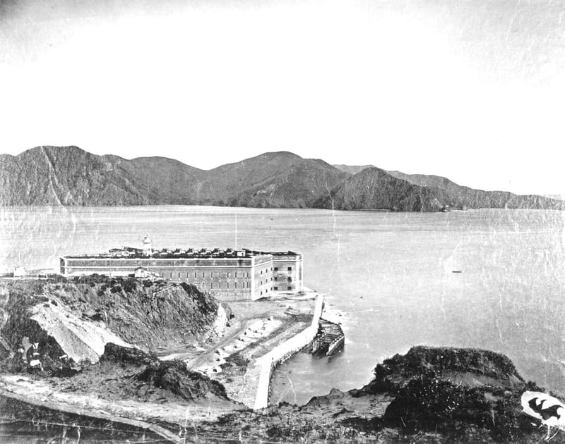 Black and white photo of 1868 view of Fort Point