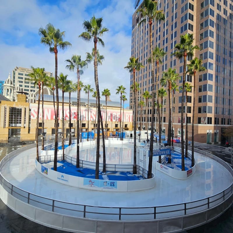 Pista de hielo circular con palmeras en San José