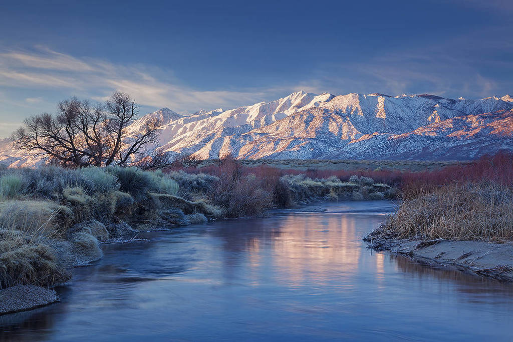 River and snowy mountains in Bishop CA.