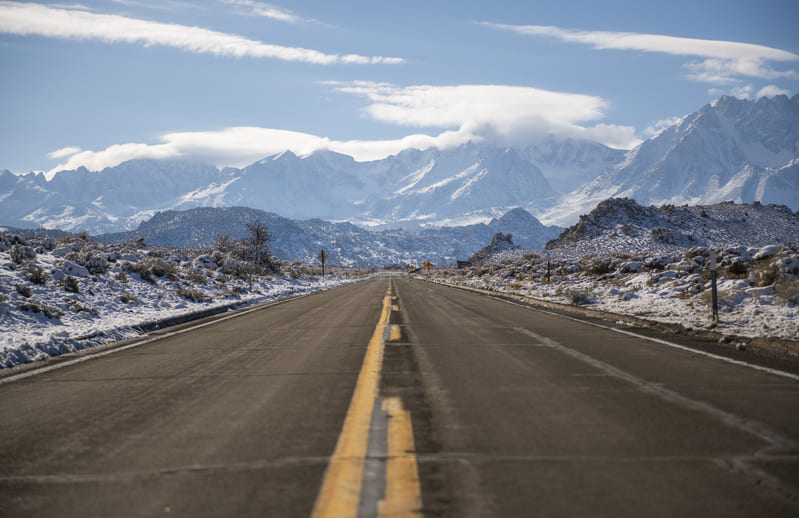 View of mountains from the road in Bishop, CA