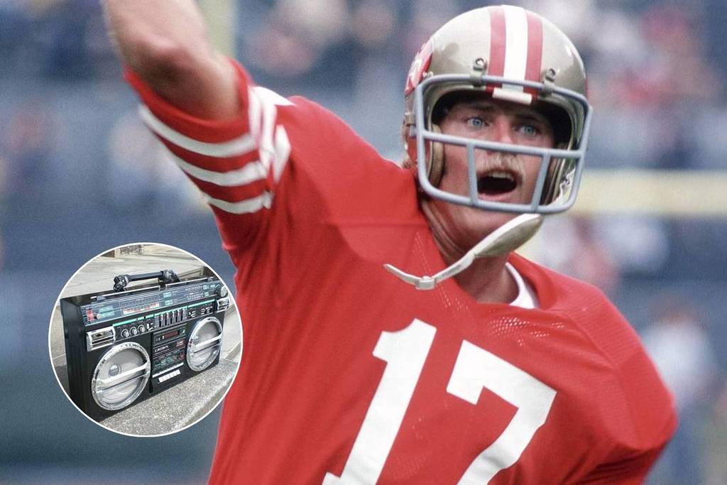 Image shows the 49ers Quarterback playing with a boombox
