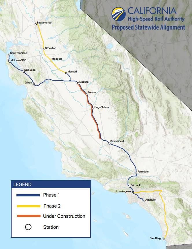 Mapa del tren de alta velocidad de California.
