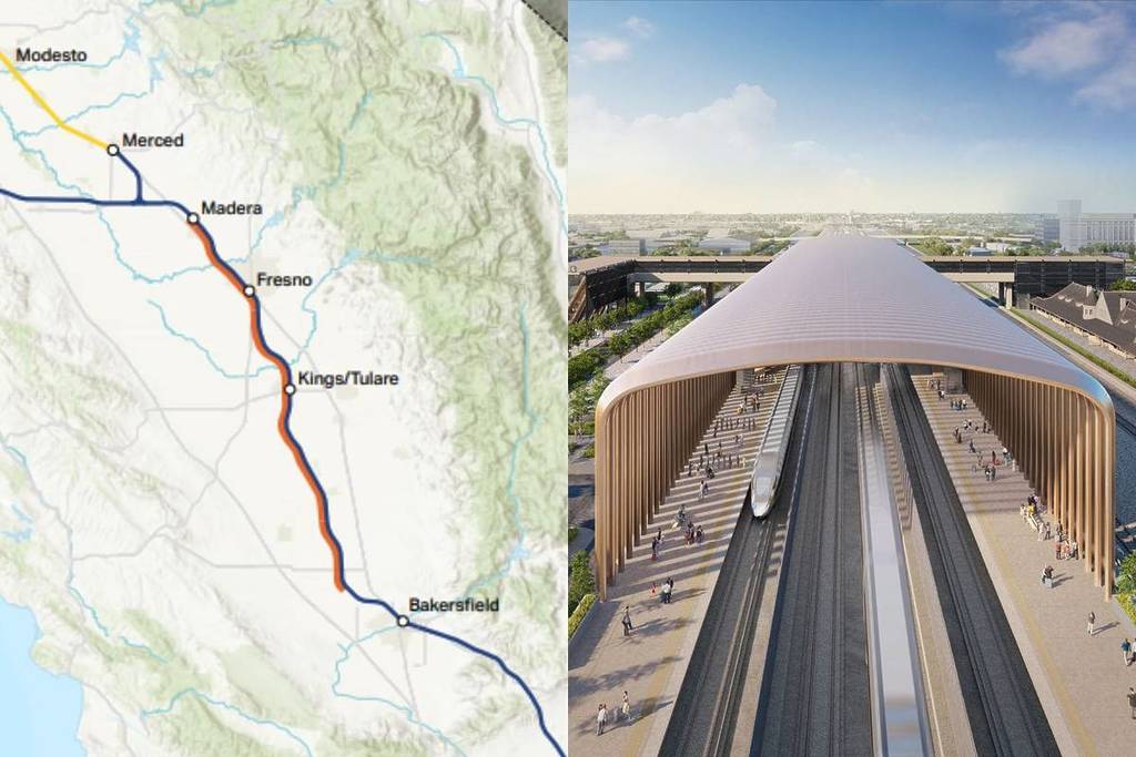 CAHSR route map and Fresno station rendering.