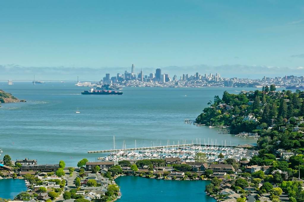 Tiburon waterfront with SF skyline in background.