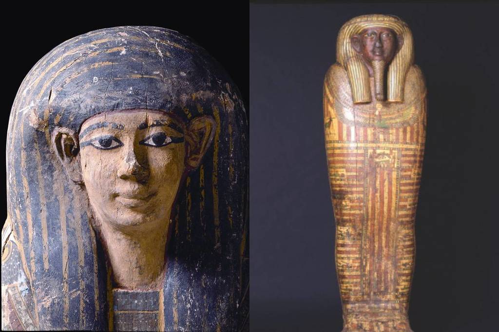 Female mummy mask and Usermontu’s sarcophagus.