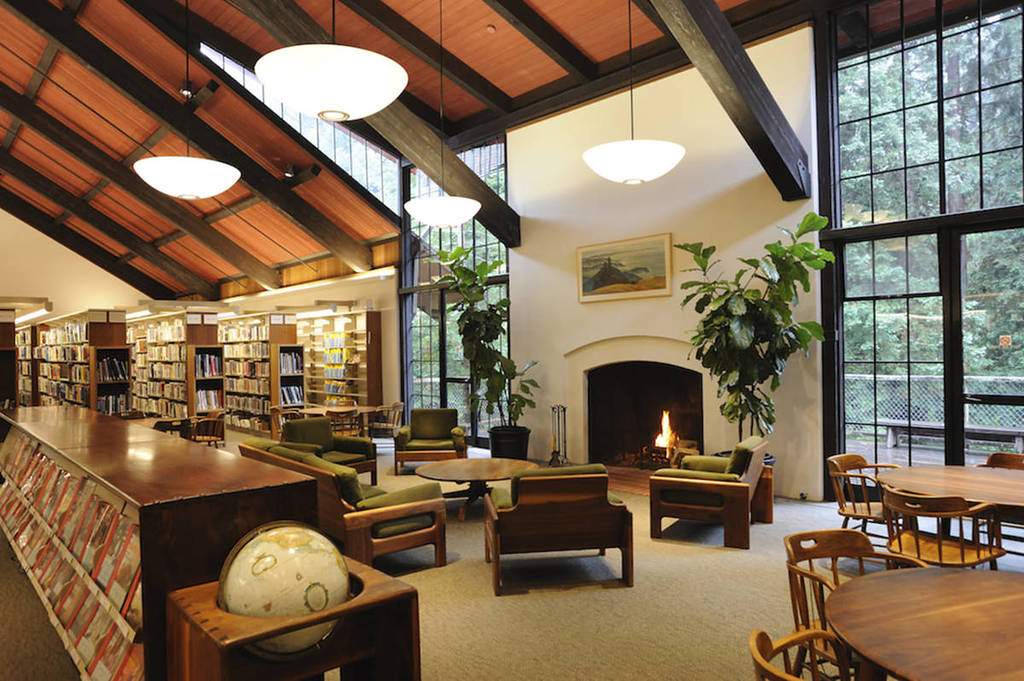 Mill Valley Library reading room with fireplace