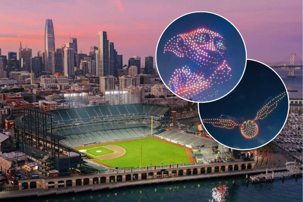 After stopping by San Jose, a stunning Harry Potter™ drone show lands at Oracle Park this summer — painting moments from the beloved franchise in the evening sky 