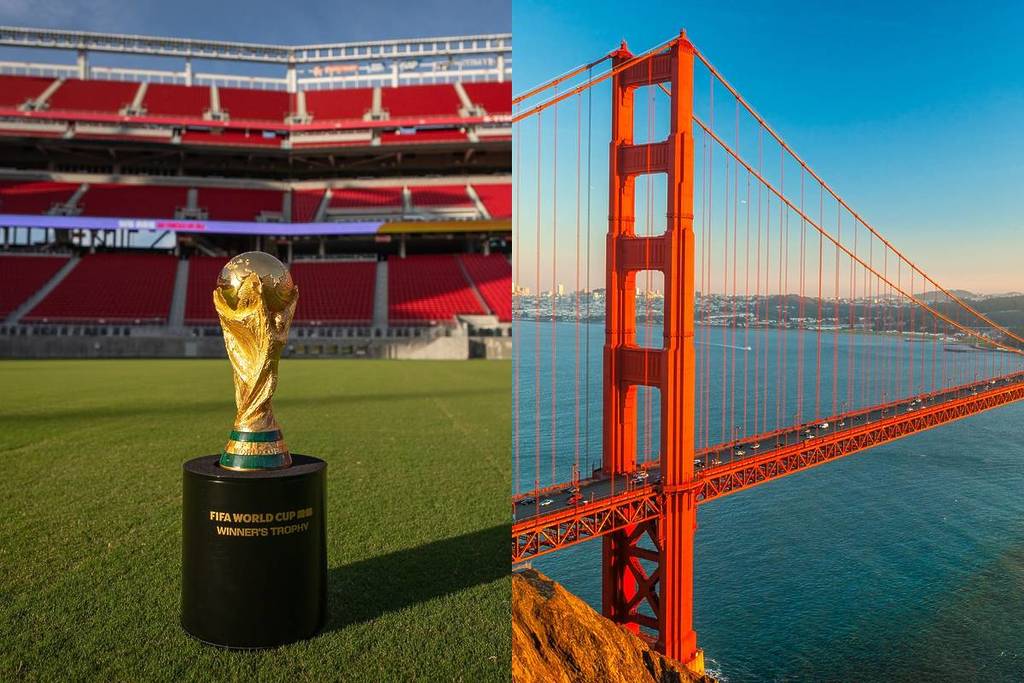 El trofeo de la Copa del Mundo de la FIFA y el puente Golden Gate