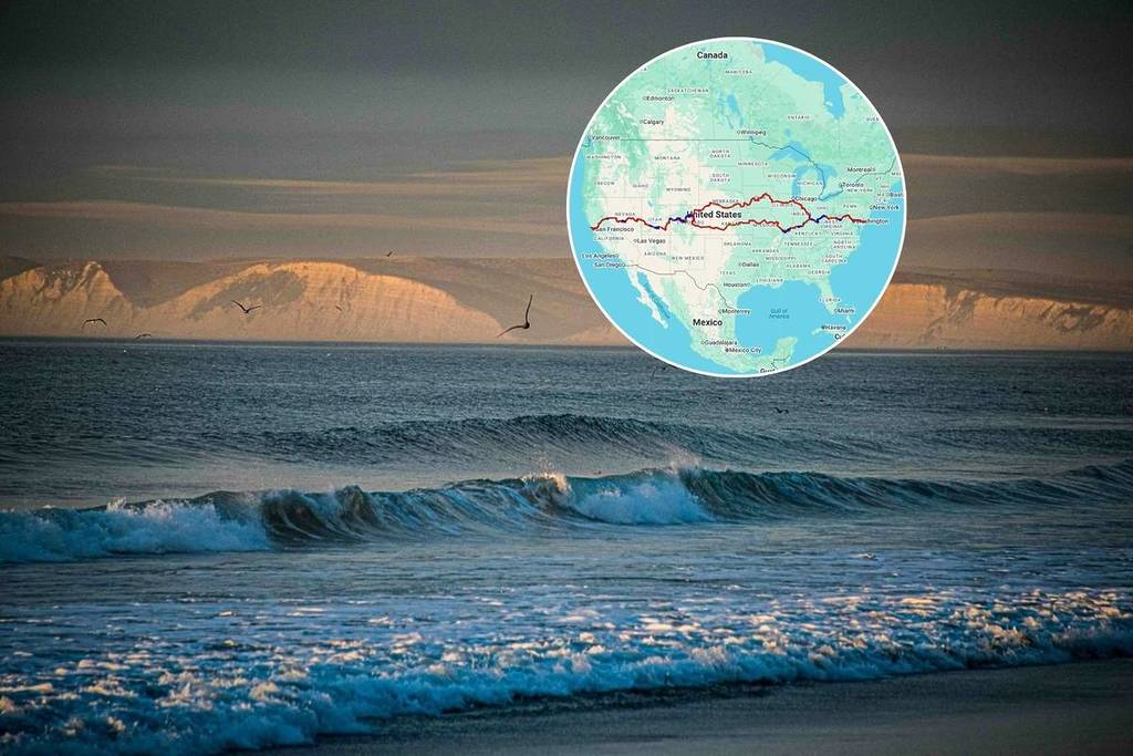 Limantour Beach at sunset and map of American Discovery Trail