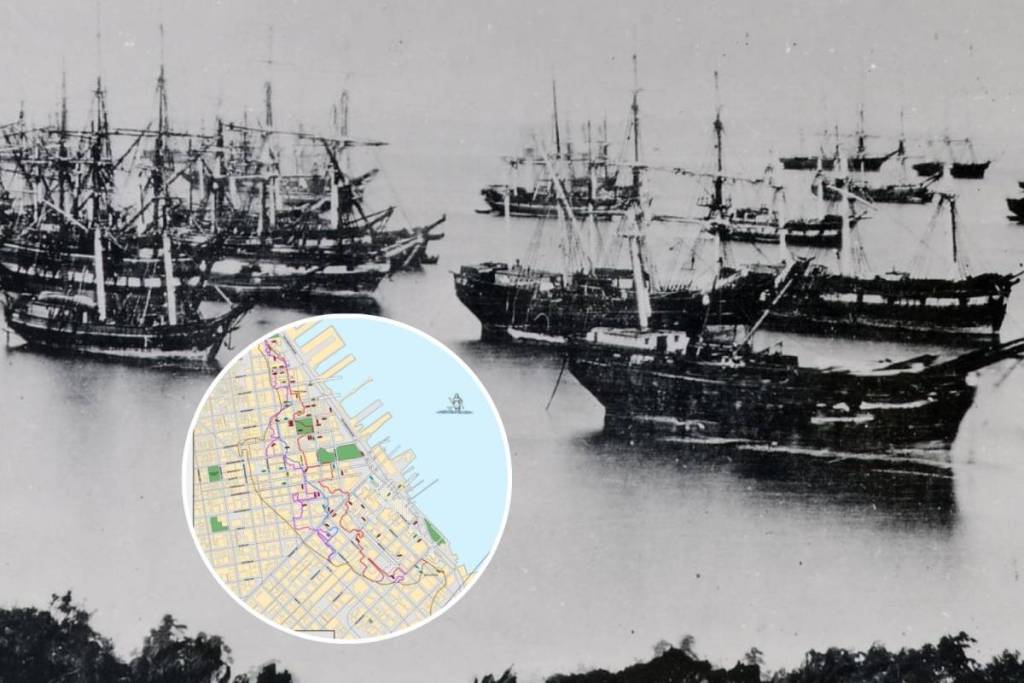 Fotografía histórica de barcos abandonados en la costa de San Francisco y una parte ampliada del mapa de «Buried Ships»