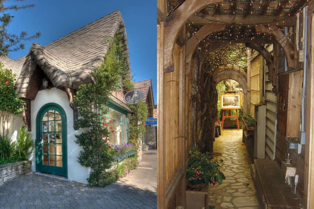 A fairytale building and outdoor alleyway with arch in Carmel, California