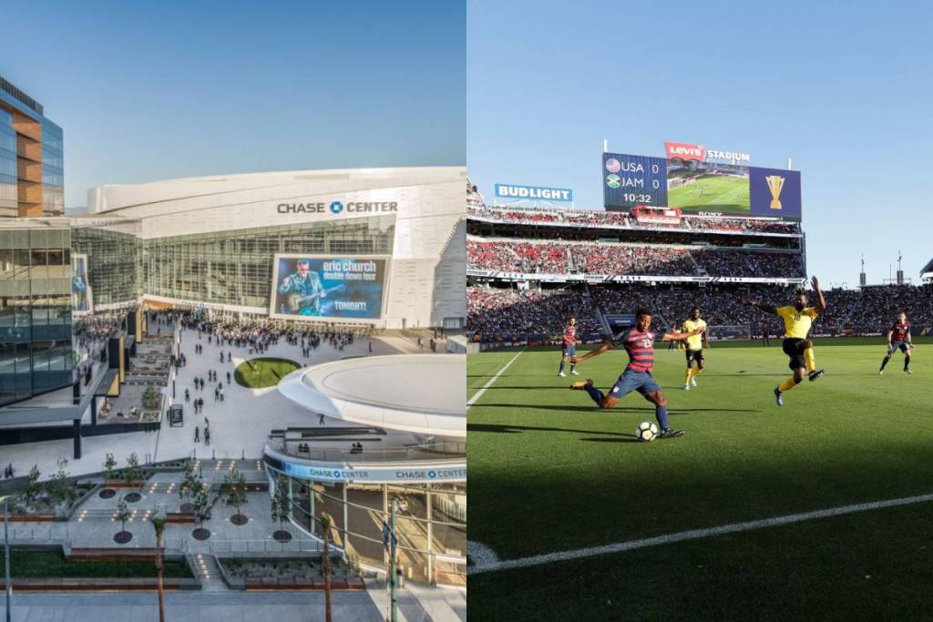 Thrive City en el Chase Center y una imagen de un partido de fútbol en el Levi’s Stadium