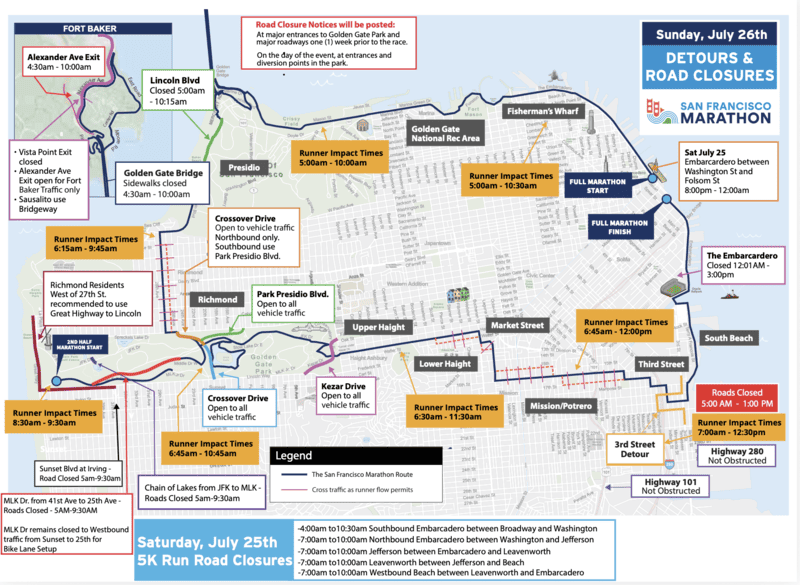 Mapa de cortes de tráfico de la Maratón de San Francisco