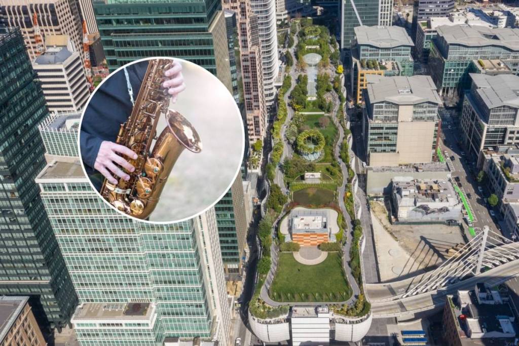 Aerial view of Salesforce Park during the day/ closeup of saxophone player