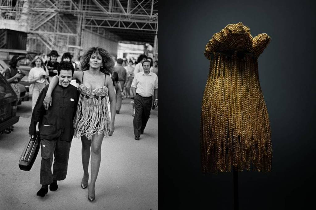 Fotografía en blanco y negro de Azzedine Alaïa y Tina Turner / imagen en color de un vestido con pedrería dorada que lució Tina Turner