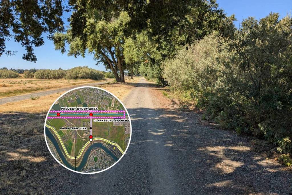 Mapa del sendero e imagen de un camino forestal como parte del proyecto del CA Delta Trail