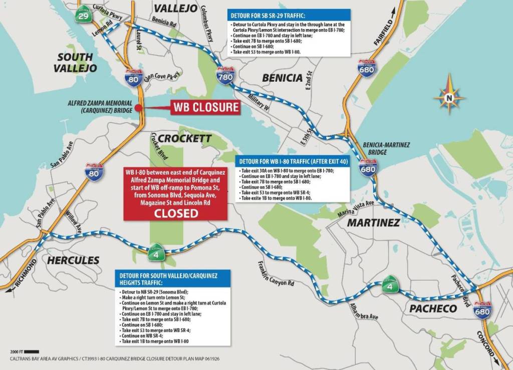 Mapa de desvíos del puente Carquinez
