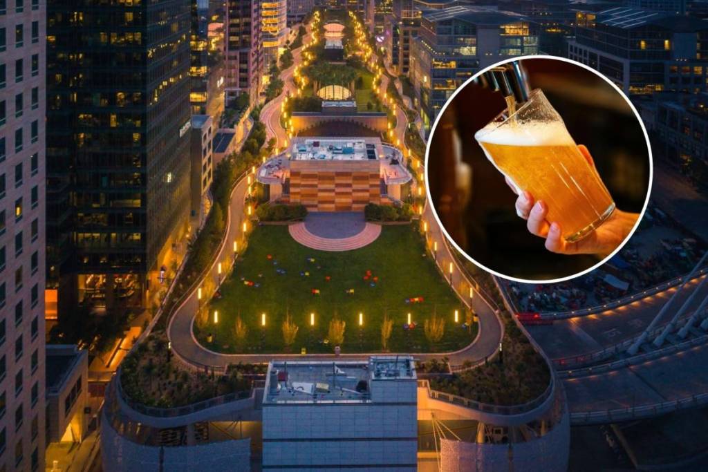 Aerial shot of Salesforce Park illuminated at night