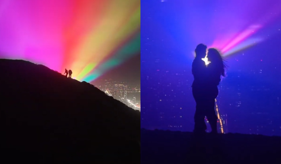 ‘Caught completely by accident, mid-beam:’ A local drone photographer is searching for this mystery couple silhouetted inside San Francisco’s rainbow laser show on Twin Peaks