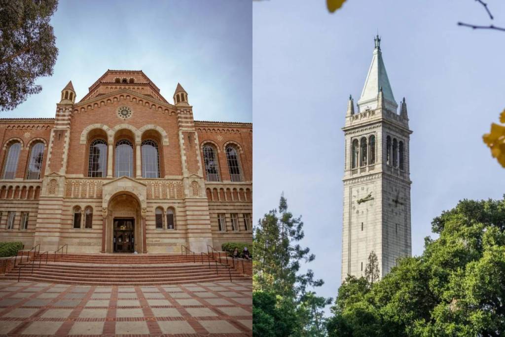Un edificio de la UCLA y la torre del reloj del campanario de la UC Berkeley.
