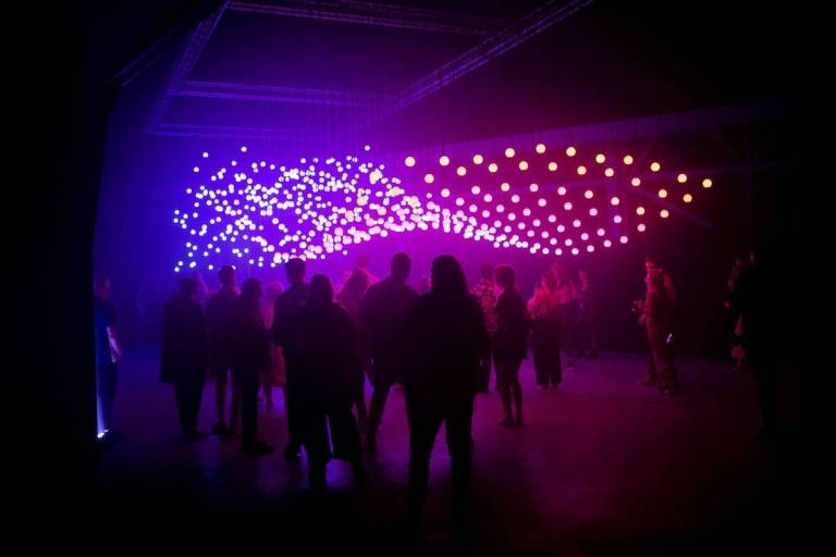 Wave installation by Squidsoup with suspended pink and purple bulbs in a wave shape