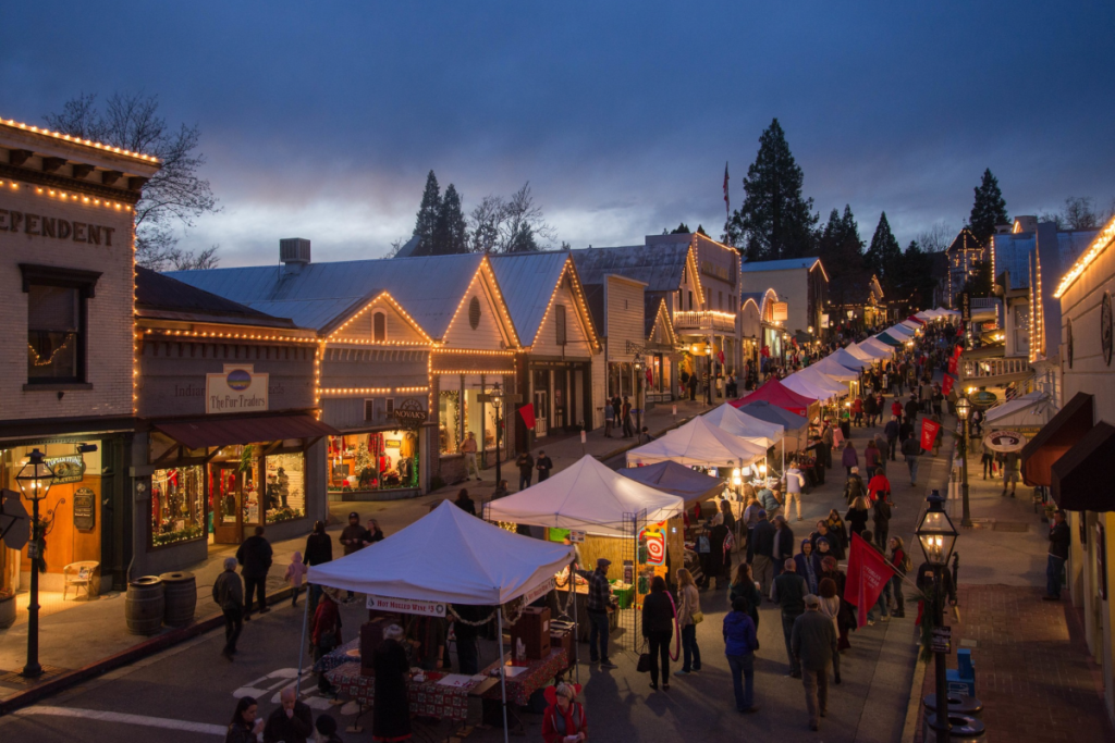 Nevada City Christmas celebration at dusk