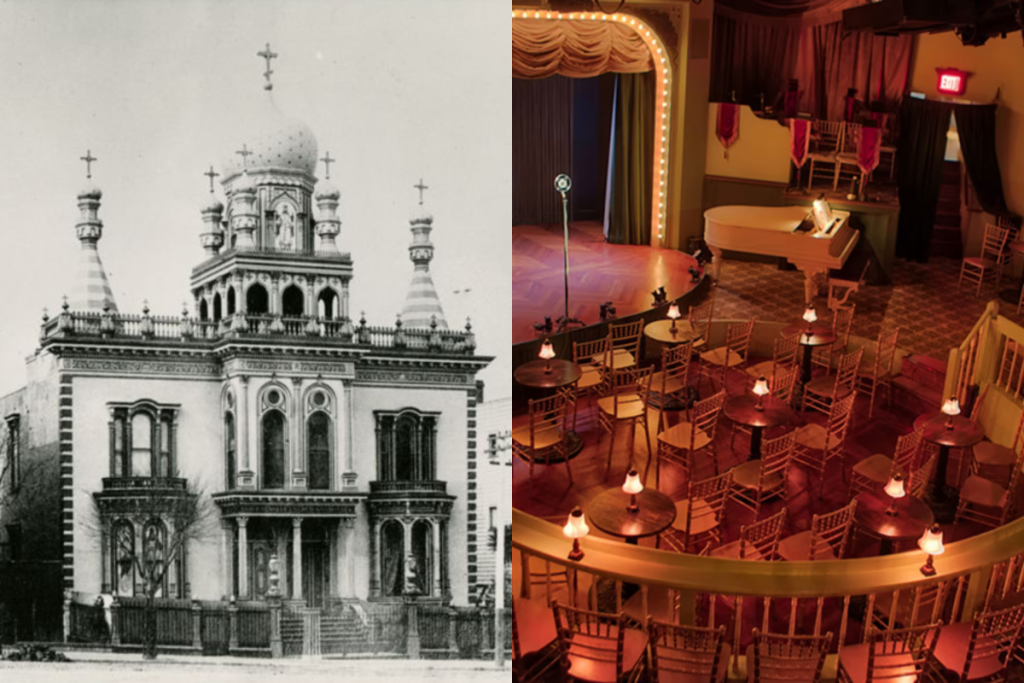 Comparación lado a lado de la catedral ortodoxa rusa de la Santísima Trinidad, a la izquierda, y el interior actual del Palace Theater, a la derecha.