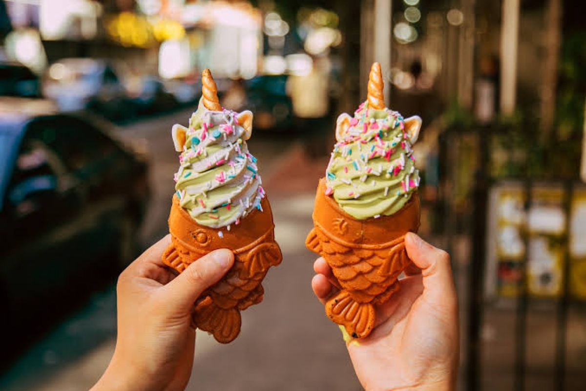 Taiyaki ice cream cone with sprinkles
