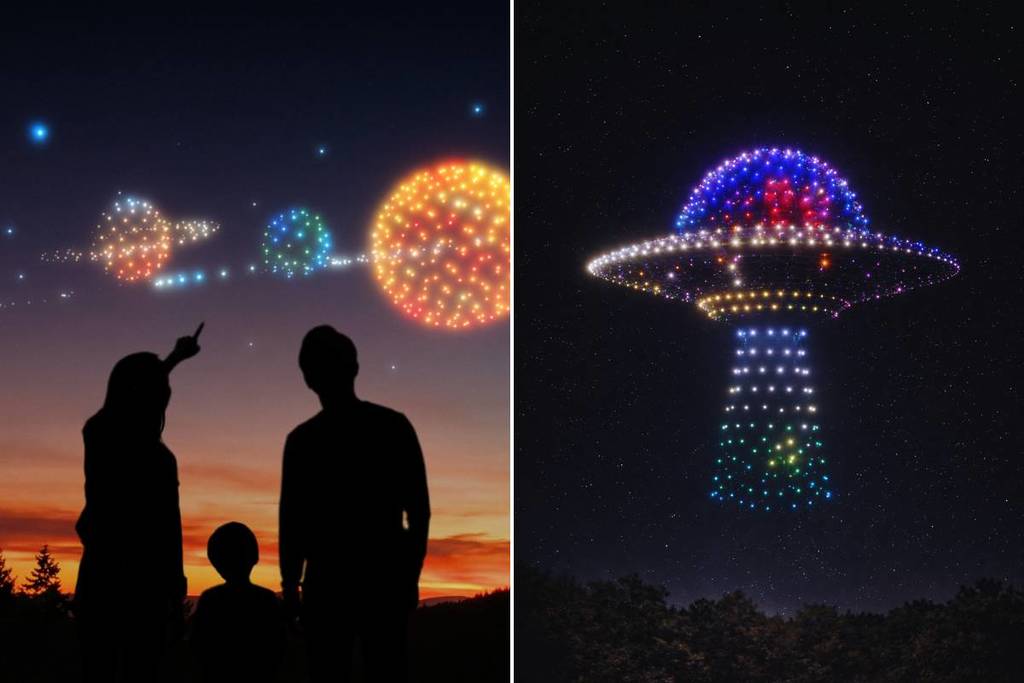 A family looks at drones making shapes of a planet and a space rocket