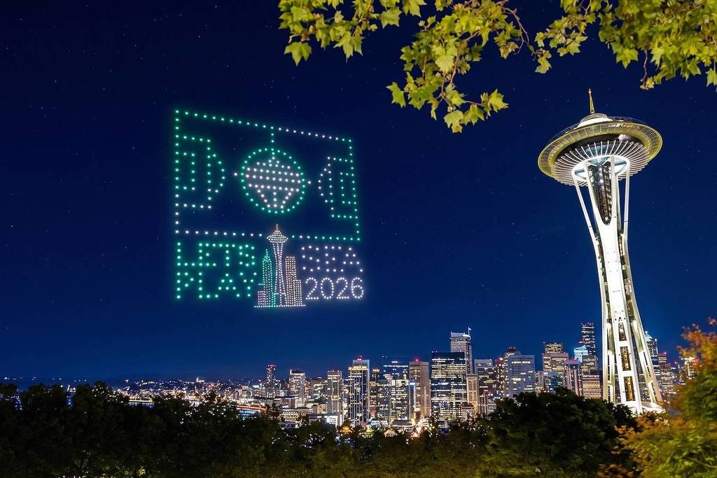marcador con drones del Mundial en Seattle