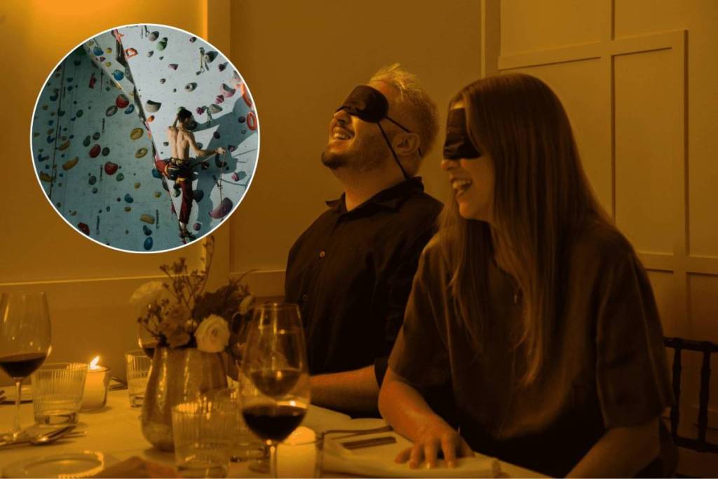 This exclusive Seattle club with a 20 ft indoor bouldering wall invites the public inside for an blindfolded dining experience — and tickets are 20% off this weekend
