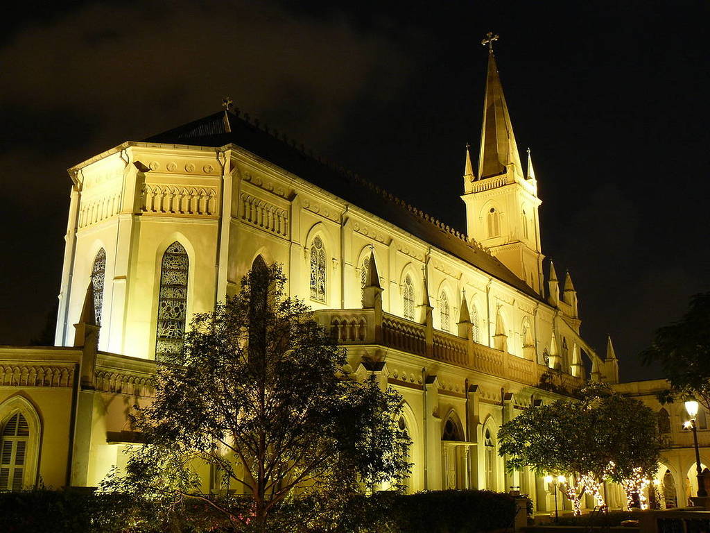 Chapel of the Convent of the Holy Infant Jesus illuminated with golden light in Singapore