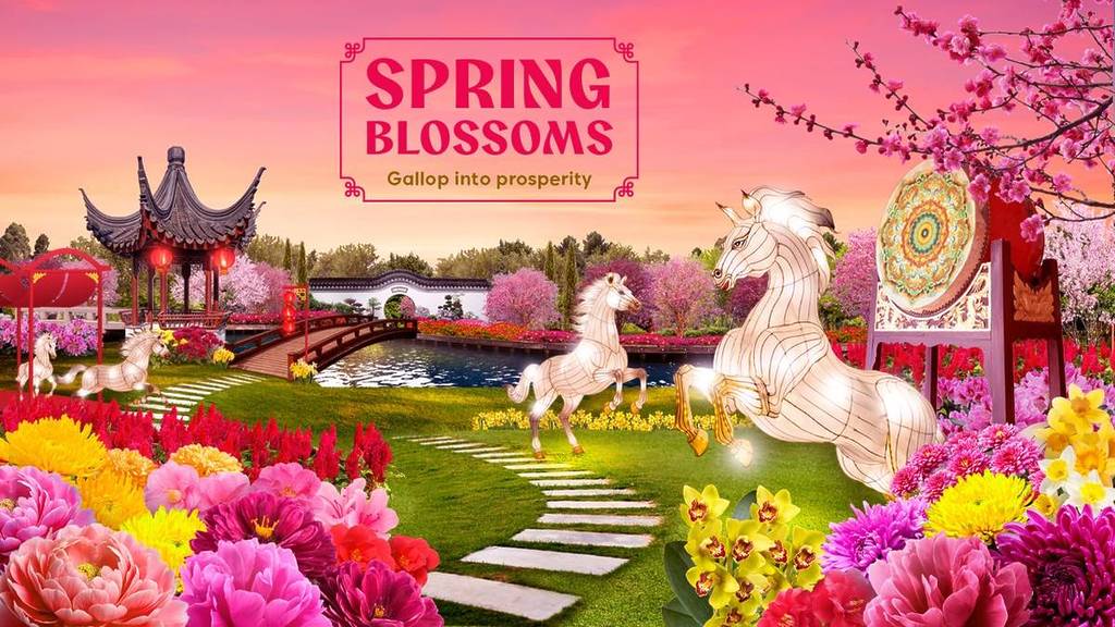 A promotion poster for Spring Blossoms: Gallop into Prosperity at the Flower Dome in Gardens by the Bay.