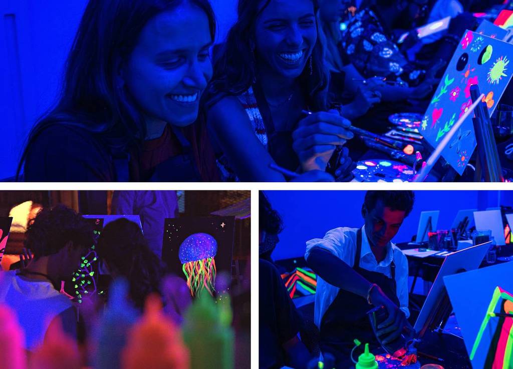 A collage of three images capturing the Neon Brush experience.