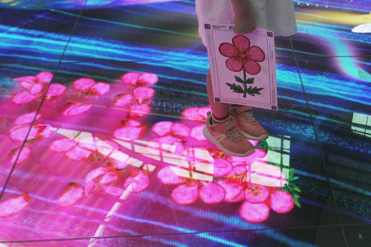 A child walking along Digital Light Canvas' floor displaying hand-drawn flowers things to do kids