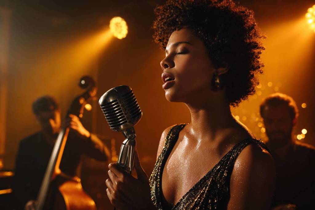 A woman sings into a microphone at The Jazz Room.