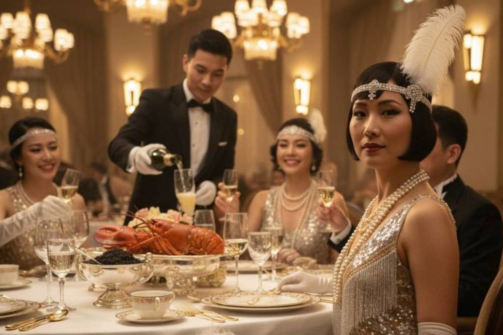 A group of guests dressed in vintage costumes