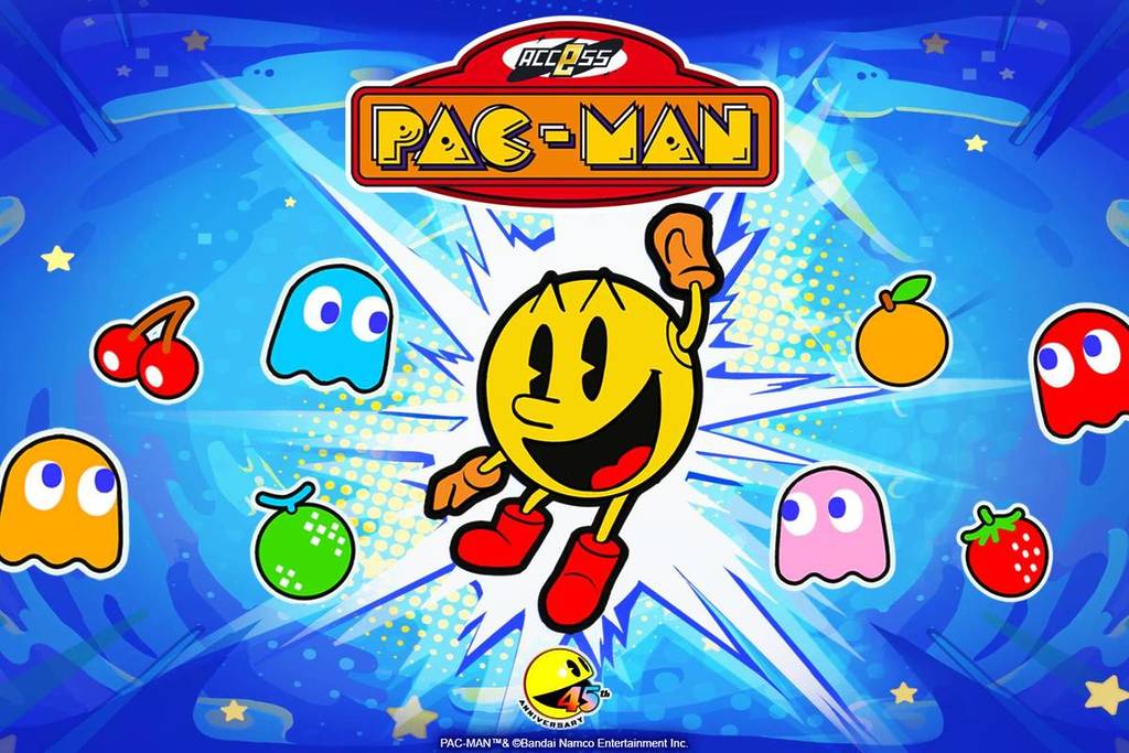 PAC-MAN jumping fist in air, surrounded by the iconic ghosts