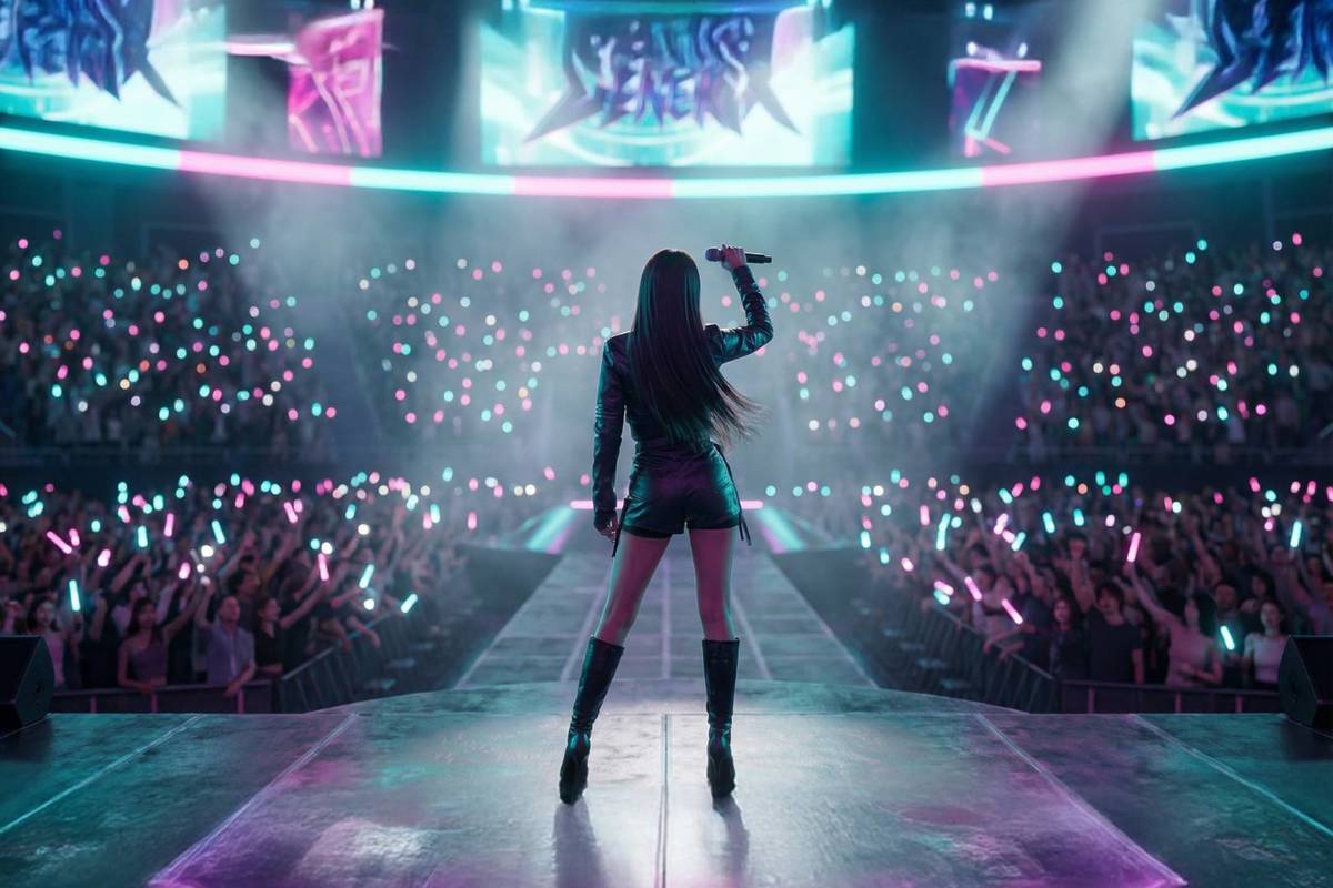 A K-pop singer stood in front of a roaring crowd at Next Idol: Your K-Pop Moment